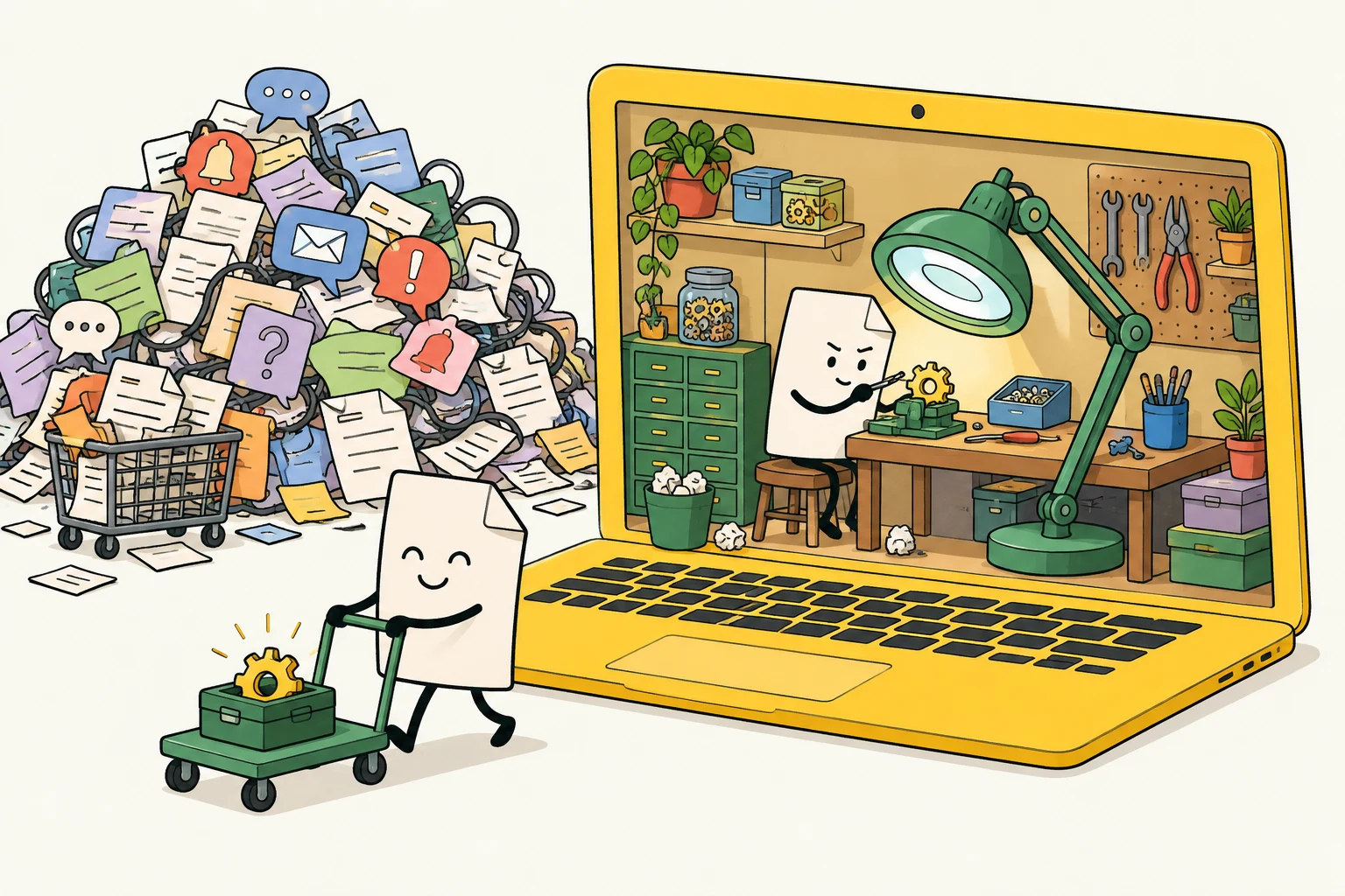 A tiny workshop inside a yellow laptop repairs everyday computer annoyances.