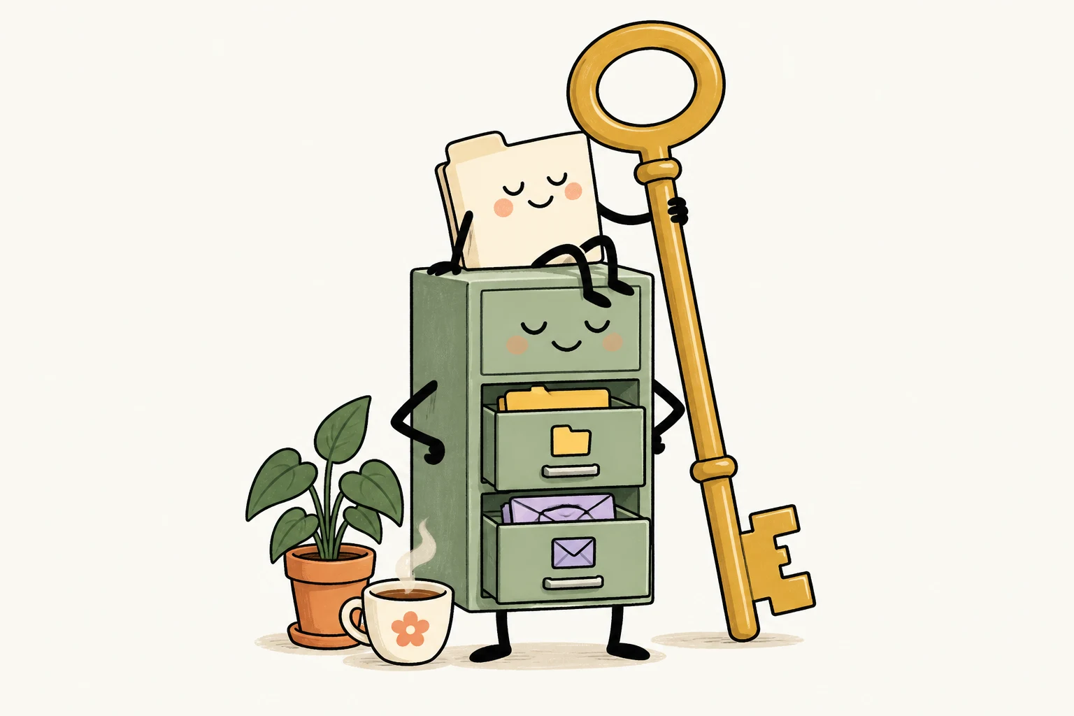 A paper character keeps an oversized key on a sage filing cabinet.