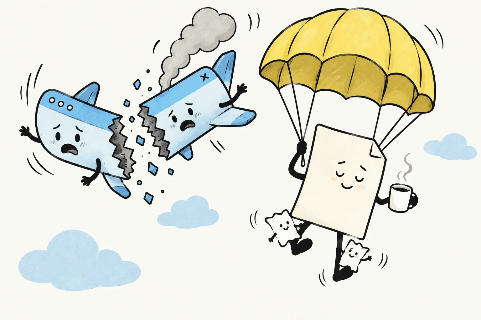 A relaxed draft parachutes away with its coffee as a browser tab falls apart.