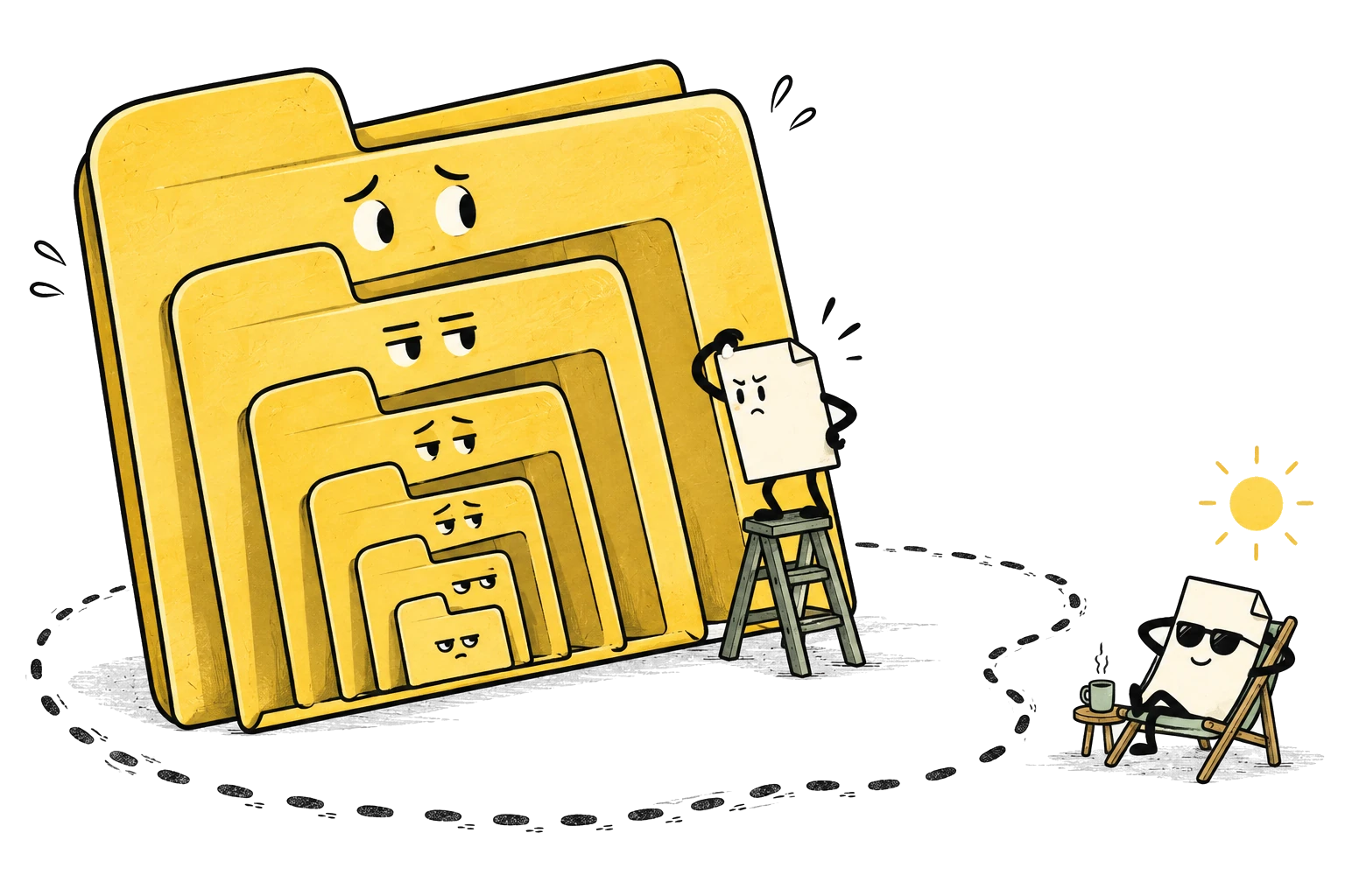 A detective climbs through nested folders while the missing file relaxes outside in a deck chair.