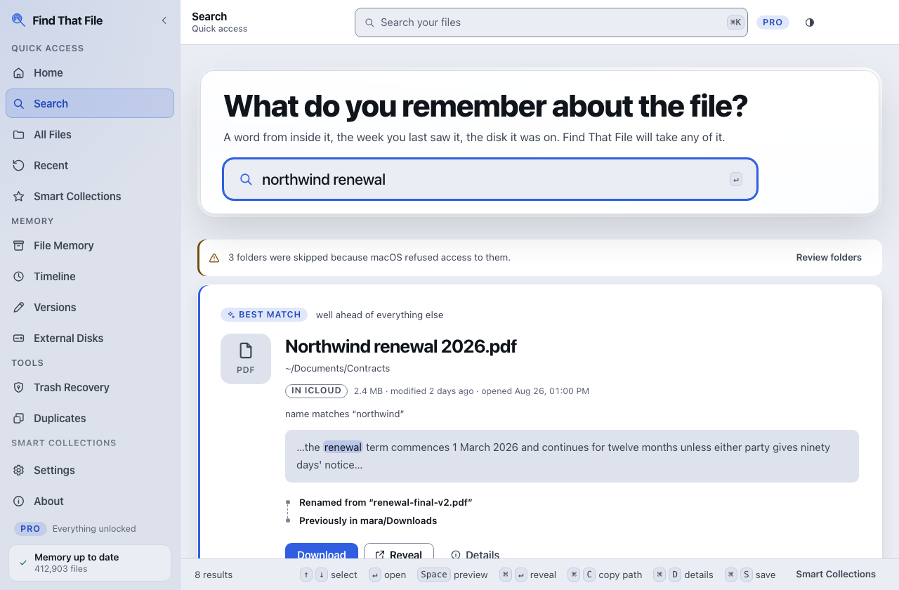 Find That File search detail: Northwind renewal 2026.pdf, in Documents/Contracts.