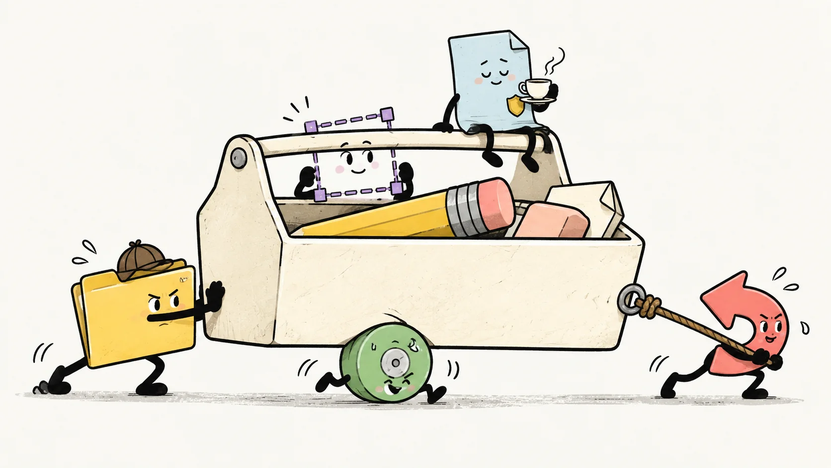 Five little utility characters move an enormous toolbox together; one rides on top, supervising with a cup of tea.