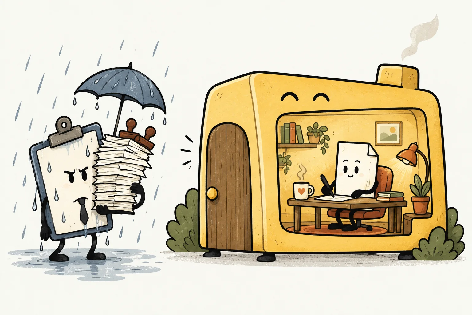 A file works peacefully in its computer home while a clipboard waits outside with an absurd pile of account paperwork.