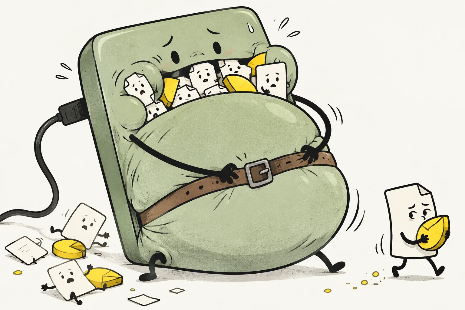 An overstuffed disk tries to fasten its belt while a file sneaks away with a slice of storage.