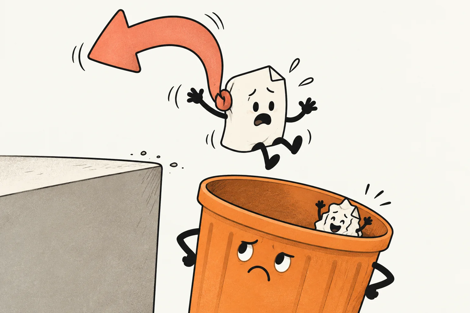A curved Undo arrow rescues a panicked file from a disappointed trash can.