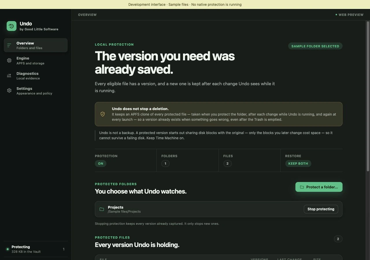 Undo development interface showing selected Projects folder and protection controls with sample files.