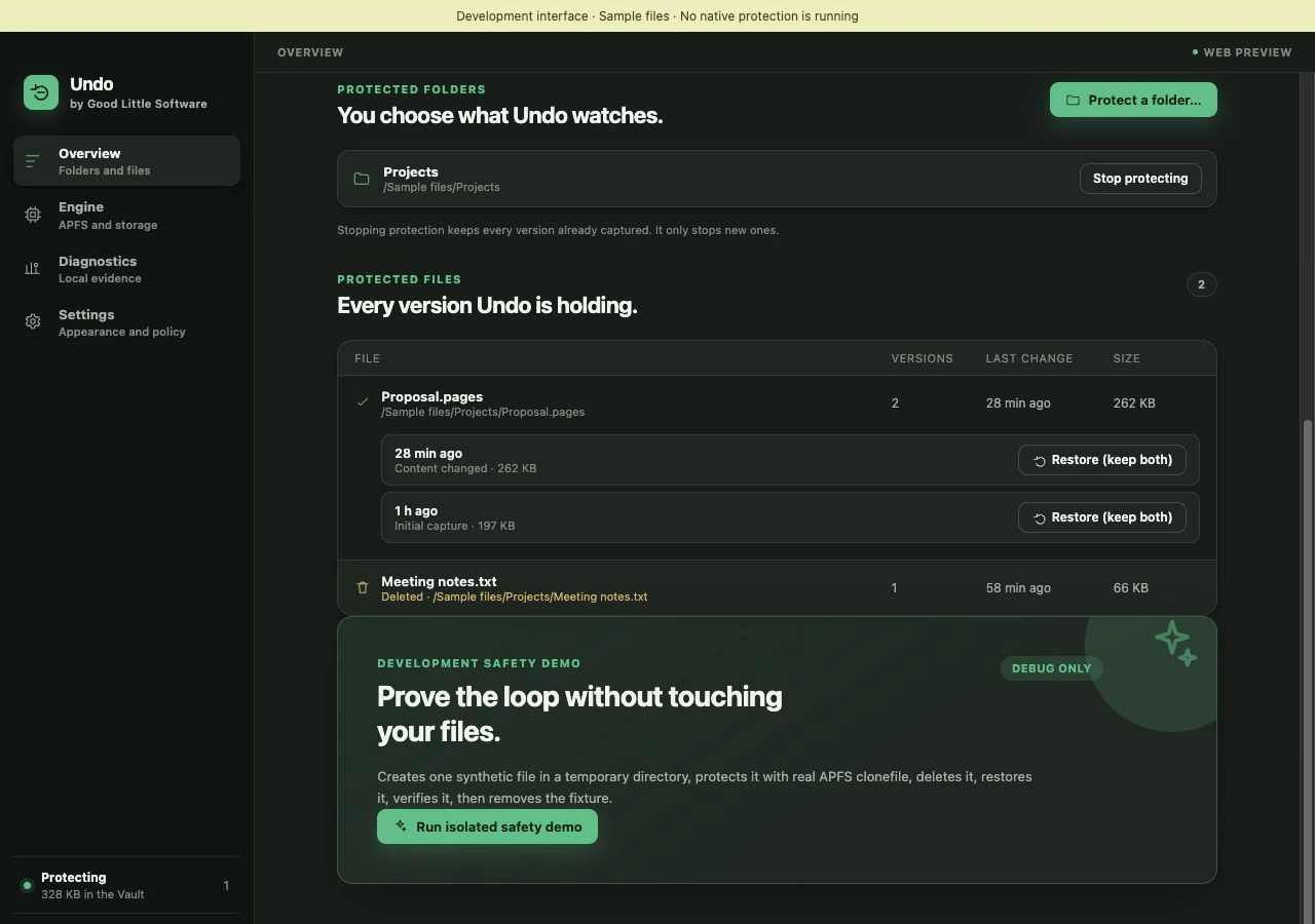 Undo file list expanded to show two sample Proposal.pages versions and Restore keep both buttons.